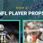 Week 4 NFL Player Props text centered, Alvin Kamara and Brian Thomas Jr. featured, NFL betting image in background