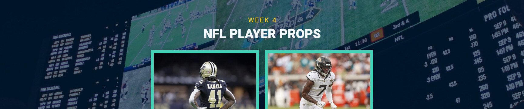 Week 4 NFL Player Props text centered, Alvin Kamara and Brian Thomas Jr. featured, NFL betting image in background