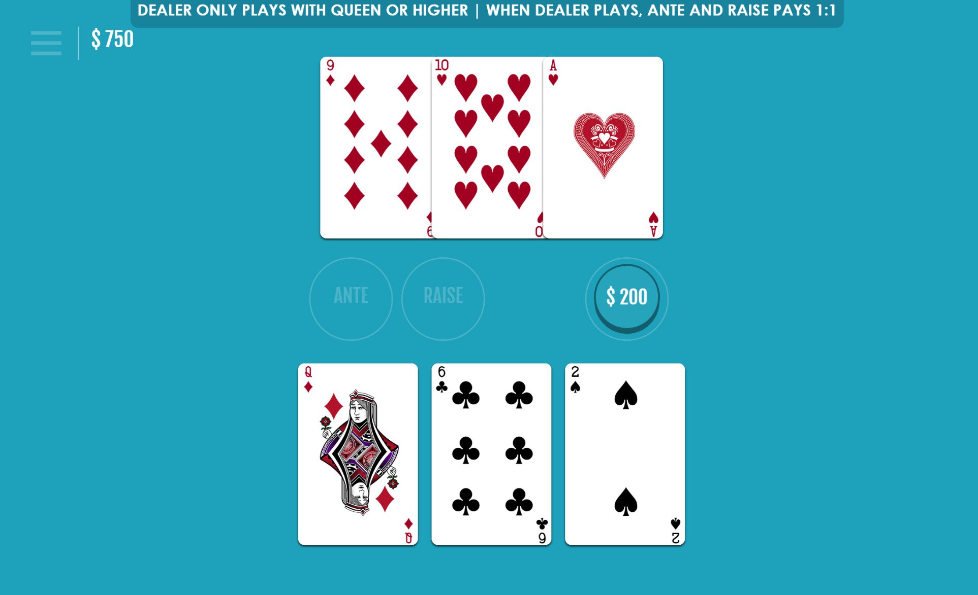 reveal three card poker