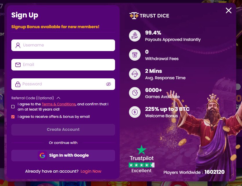 trustdice signup screen