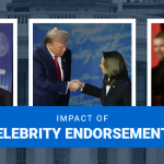 Impact of Celebrity Endorsements text centered, Elon Musk to left, Kamala Harris and Donald Trump centered, Billie Eilish to right, the white house image in the background