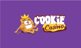 Cookie Casino logo, cookie with arms and legs wearing a crown, brown and yellow text on a purple background