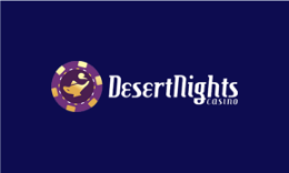 Desert Nights Casino logo, purple and gold casino chip with golden lamp, white text on a dark blue background