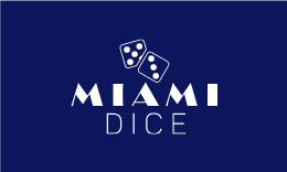 Miami Dice logo, white text and dice symbol on a dark blue background