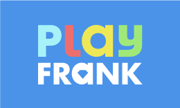 PlayFrank logo, blue, red, yellow, green, and light blue text on blue background