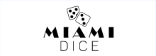 Miami Dice logo, black text (casino name) and two dice on a white background