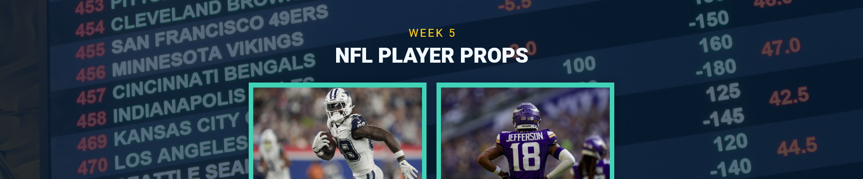 Week 5 NFL Player Props text centered, Justin Jefferson and CeeDee Lamb featured in boxes, betting imagery in background