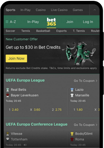 Bet365 lobby on a mobile device