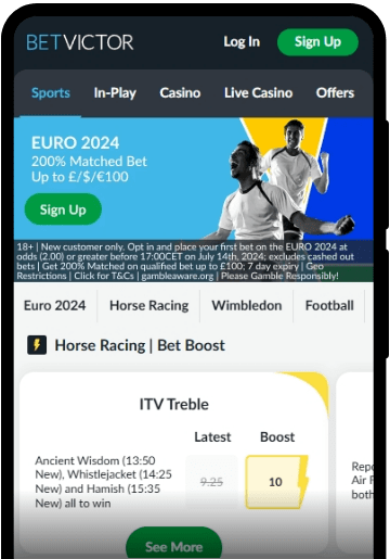 BetVictor lobby on a mobile device