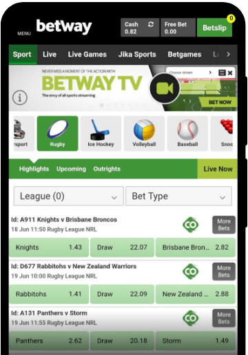 Betway lobby on a mobile device