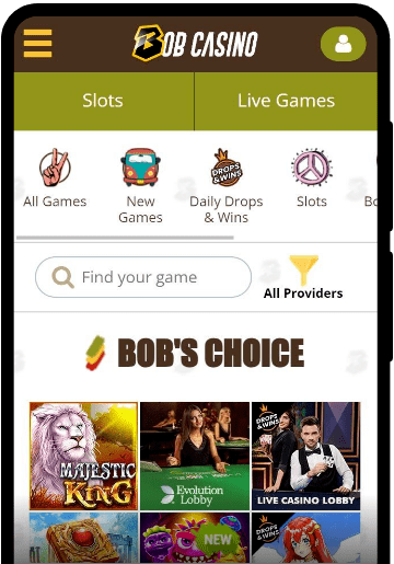 Bob Casino lobby on a mobile device