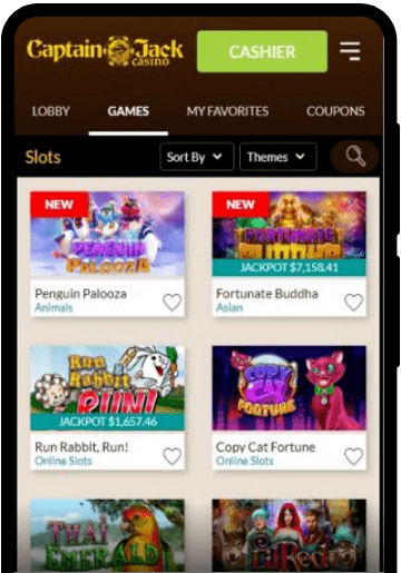 Captain Jack Casino lobby on a mobile device