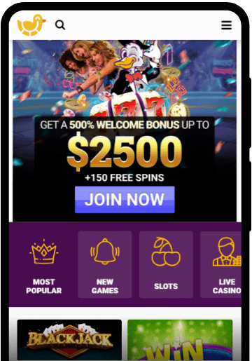 DuckyLuck Casino lobby on a mobile device