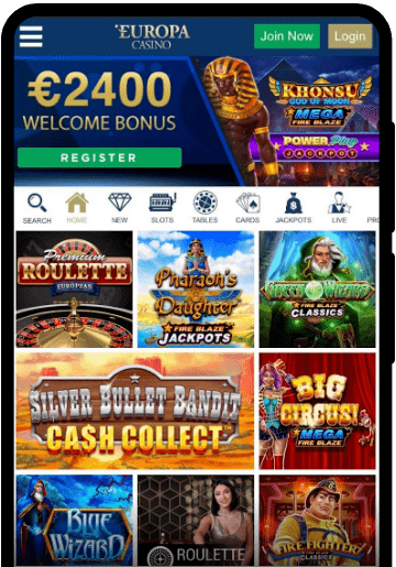 Europa Casino lobby on a mobile device