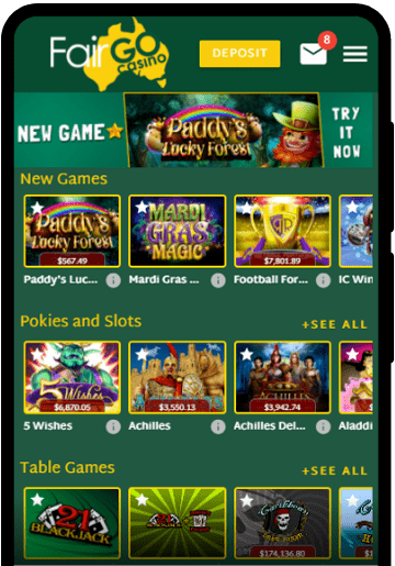 Fair Go Casino lobby on a mobile device