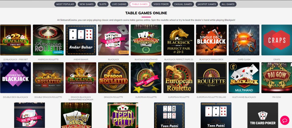 List of some of the table games on SlotsandCasino