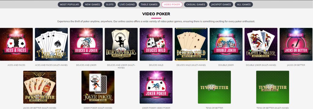 List of video poker games at SlotsandCasino