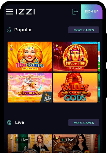 Izzi Casino lobby on a mobile device