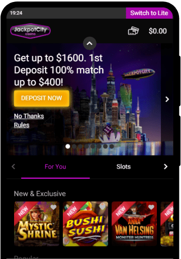 Jackpot Casino lobby on a mobile device