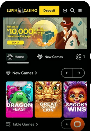 Lupin Casino lobby on a mobile device