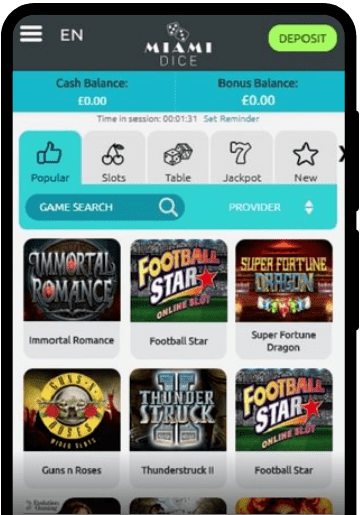 Miami Dice Casino lobby on a mobile device