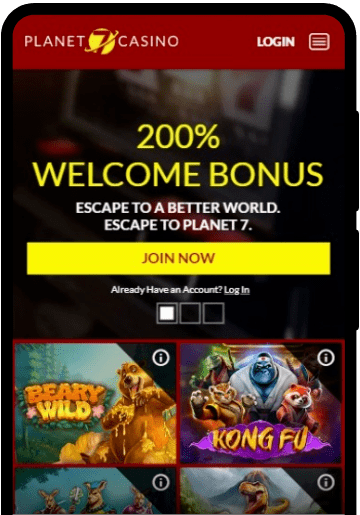 Planet 7 Casino lobby on a mobile device