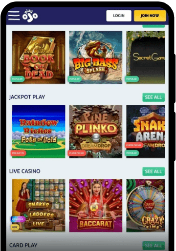 PlayOJO Casino lobby on a mobile device