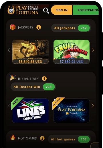 Play Fortuna Casino lobby on a mobile device