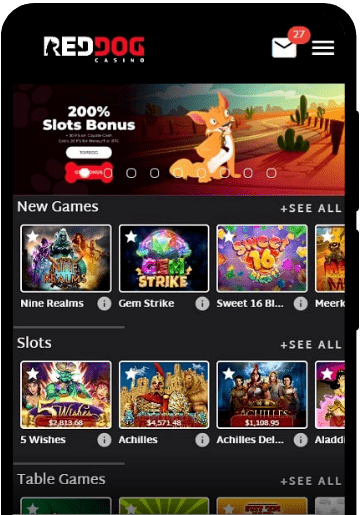 Red Dog Casino lobby on a mobile device