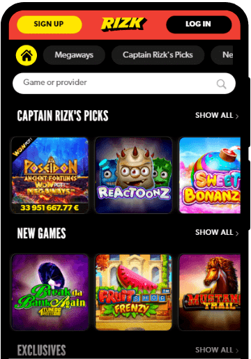 Rizk Casino lobby on a mobile device