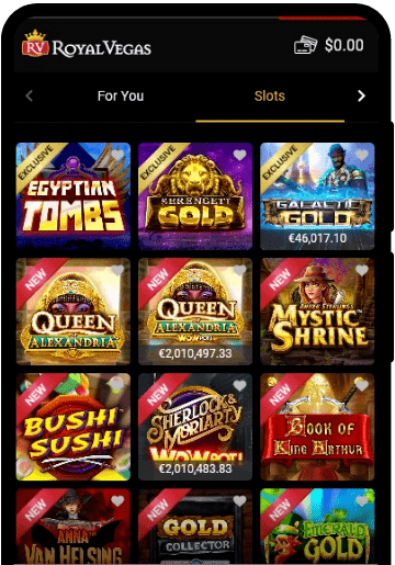 Royal Vegas Casino lobby on a mobile device