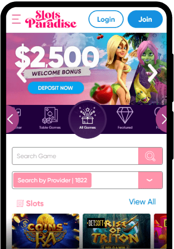 Slots Paradise Casino lobby on a mobile device