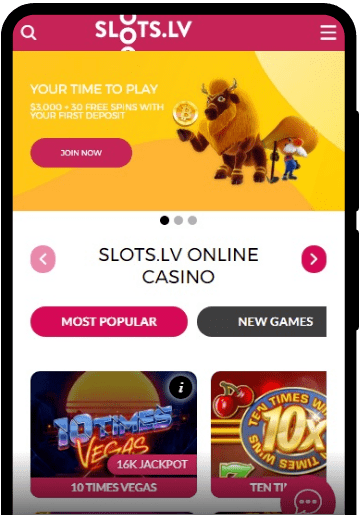 Slots.lv lobby on a mobile device