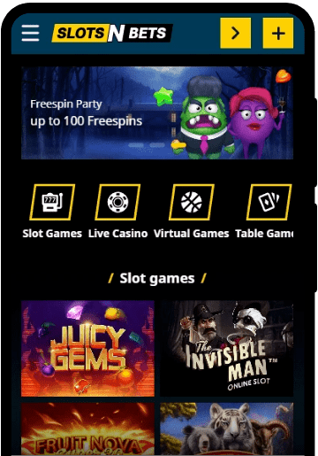 SlotsnBets Casino lobby on a mobile device