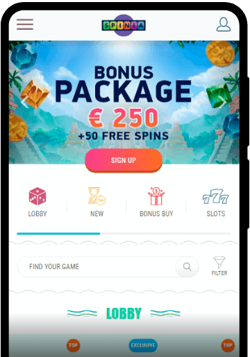 Spinia Casino lobby on a mobile device