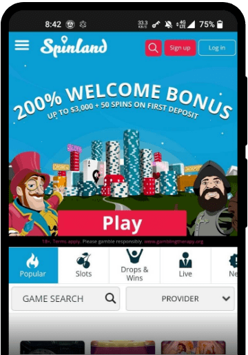 Spinland Casino lobby on a mobile device