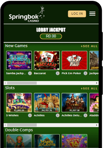 Springbok Casino lobby on a mobile device