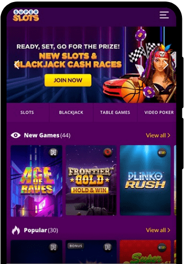 SuperSlots Casino lobby on a mobile device