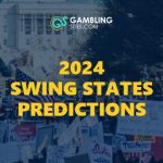 2024 Swing States Predictions text centered, political protest image in back ground