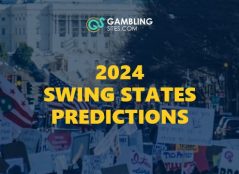 2024 Swing States Predictions text centered, political protest image in back ground