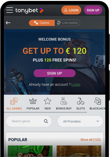 TonyBet lobby on a mobile device