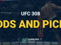 UFC 308 odds and picks text centered, UFC image in background