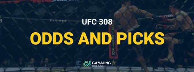 UFC 308 odds and picks text centered, UFC image in background