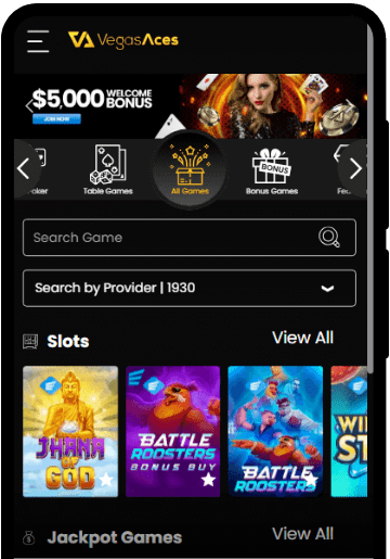 Vegas Aces Casino lobby on a mobile device