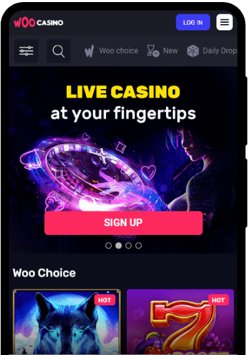 Woo Casino lobby on a mobile device