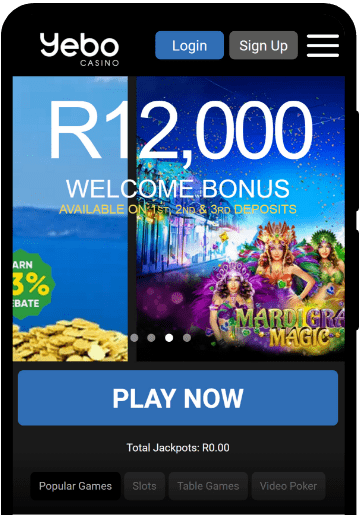 Yebo Casino lobby on a mobile device