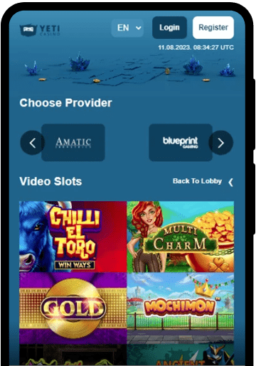 Yeti Casino lobby on a mobile device