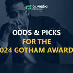 Gotham Awards odds image, white and yellow text over photo of Adrien Brody with a blue tint