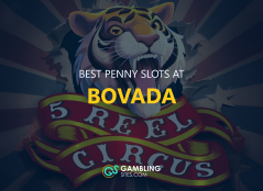 Best Penny Slots at Bovada text centered, 5 reel circus image in background