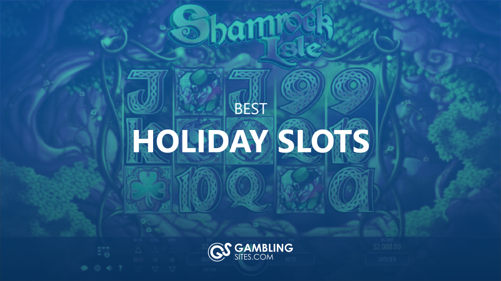 Best Holiday Slots text centered, holiday slot game featured in background